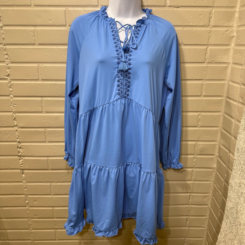 Cabana Life Periwinkle Blue Tiered Ruffle Dress Embroidered UPF 50+ M Coastal - Picture 3 of 16